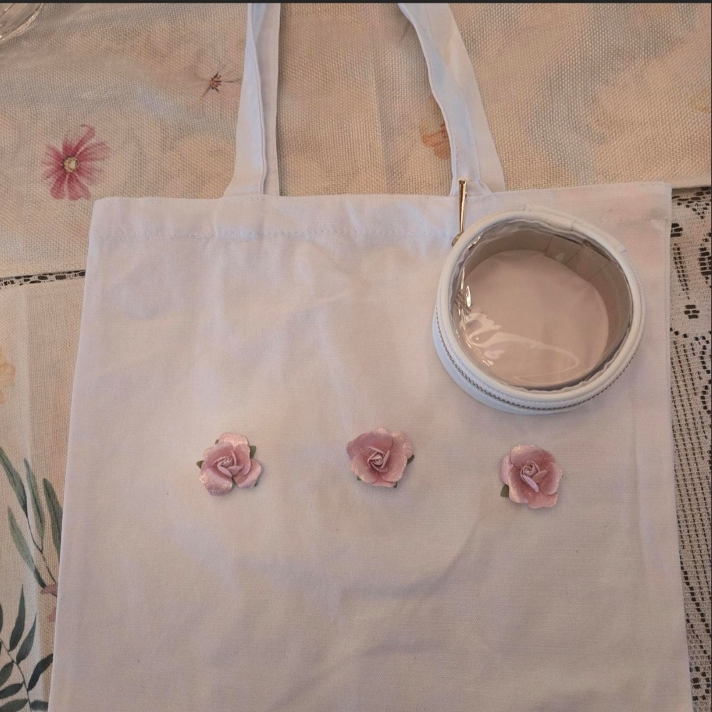 White Canvas Tote with Pink Floral Accents